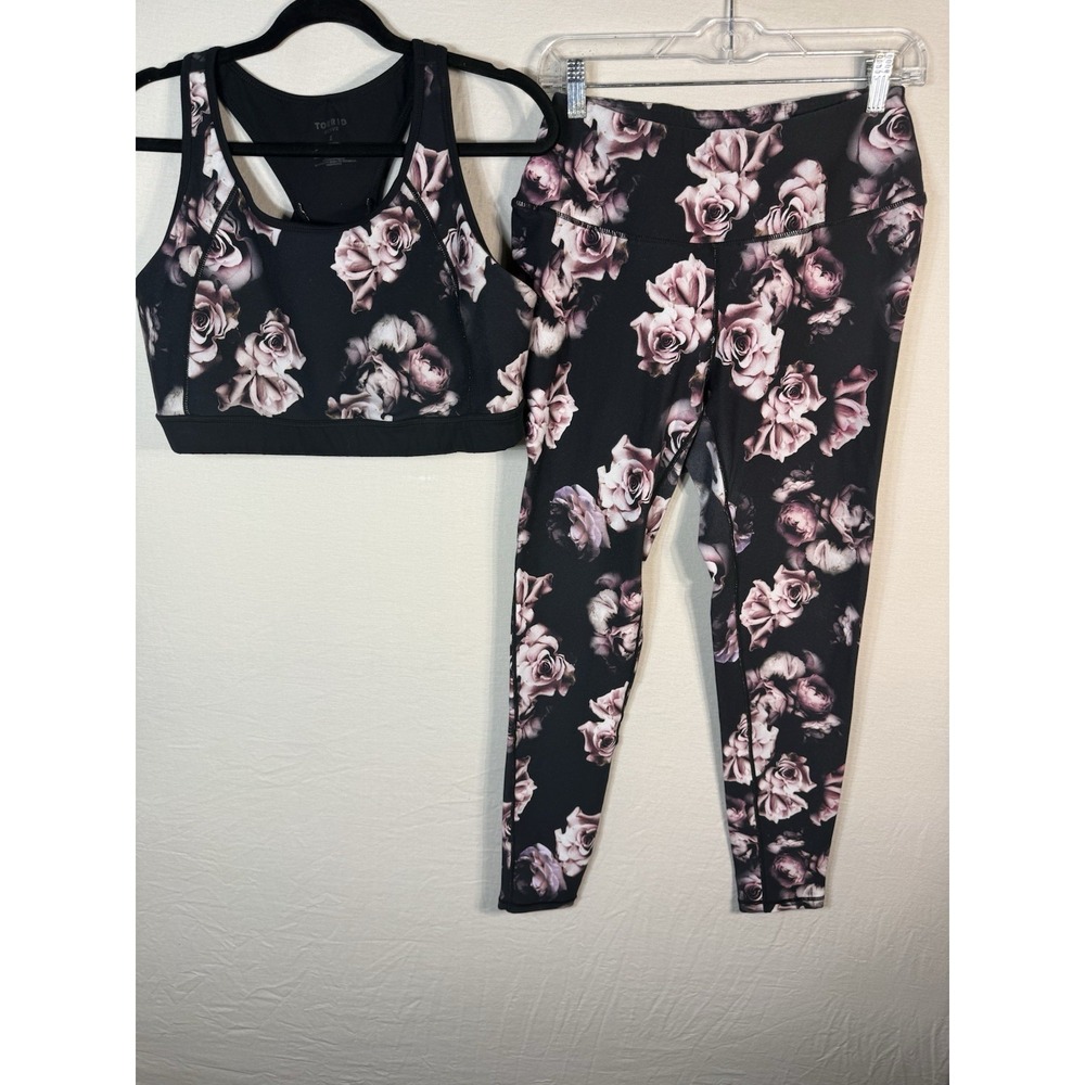 Torrid Black Pink Roses Print Workout Set Size 2 Activewear